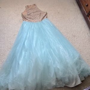Baby blue ball gown, altered, sequenced top, size 16